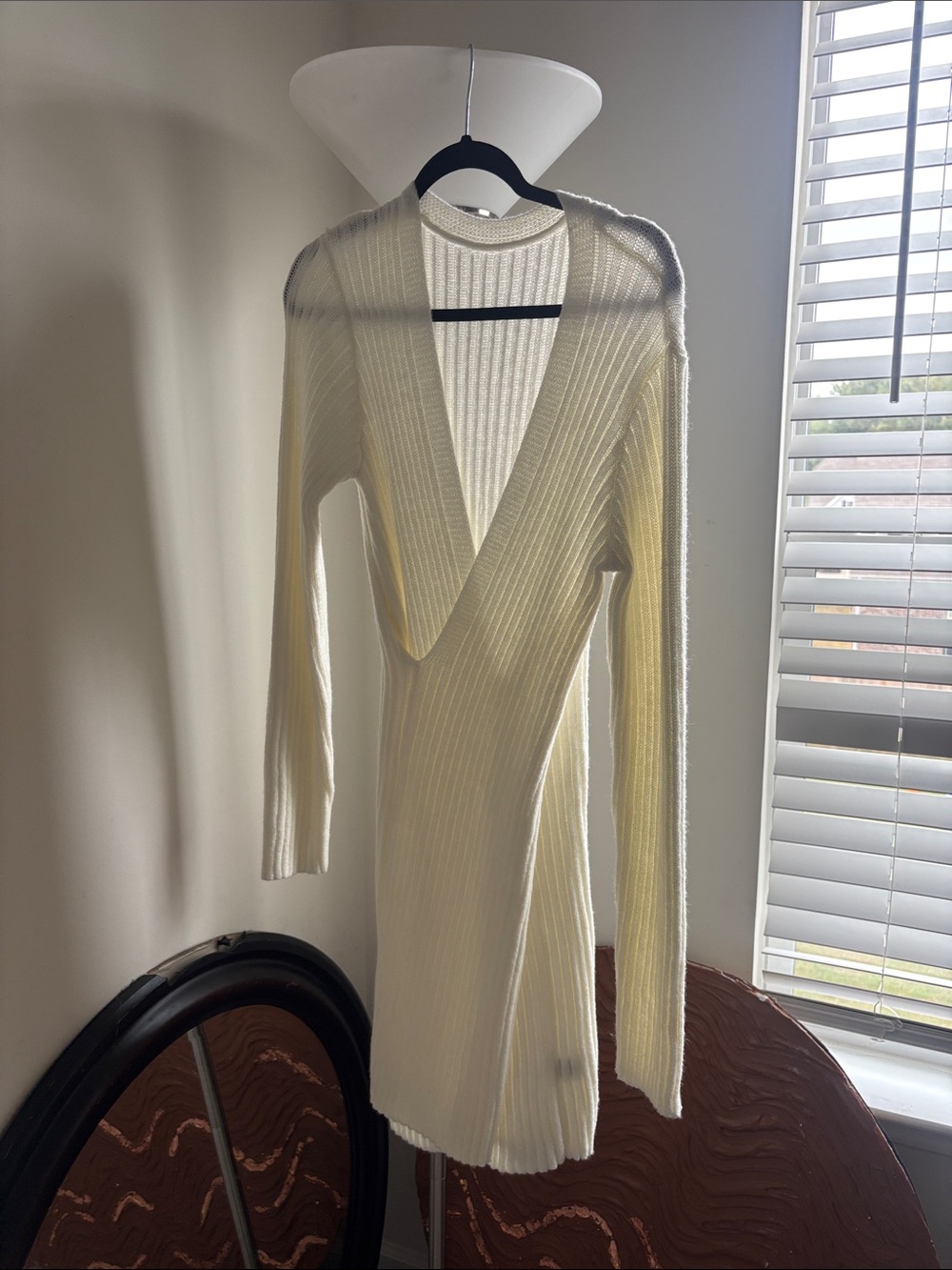 SHEIN Cream Deep V Ribbed Long-Sleeve Mini Dress